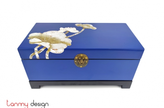 Blue rectangle lacquer box hand-painted with lotus included with stand 18x35 cm
